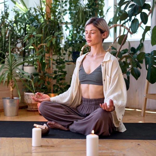 Femme en méditation assise dans un espace zen, posture calme et centrée.