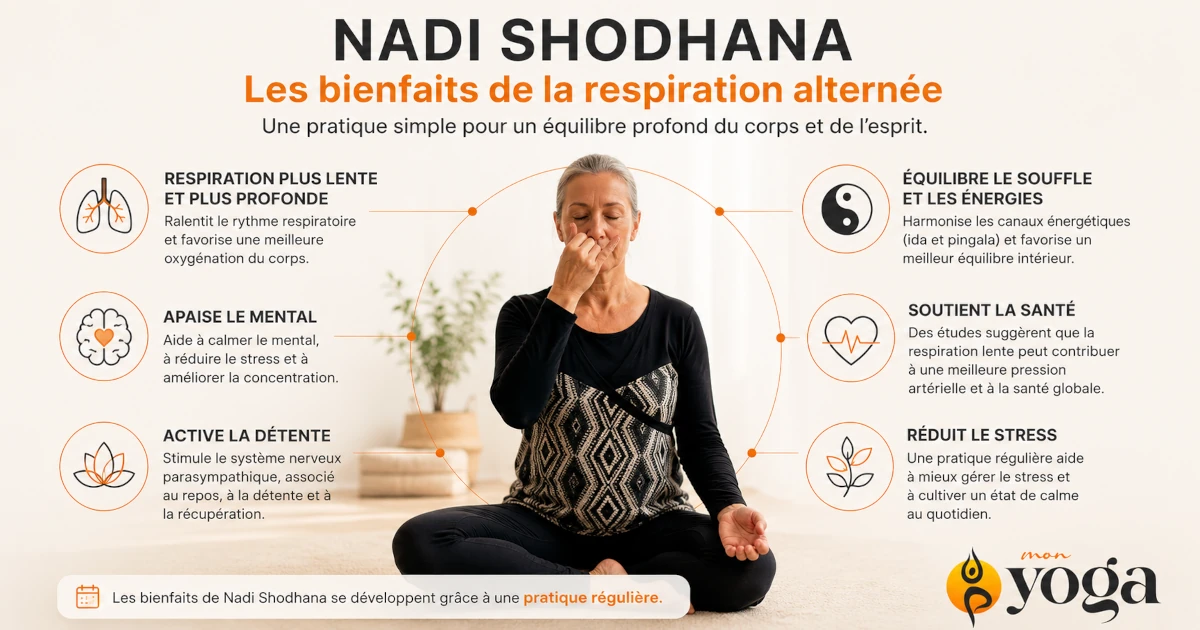 Infographie présentant les bienfaits de Nadi Shodhana, la respiration alternée du yoga.