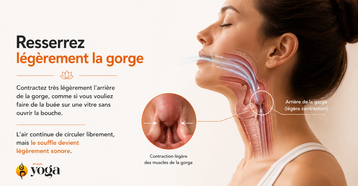 Illustration anatomique montrant la légère contraction de l'arrière de la gorge lors de la respiration Ujjayi.