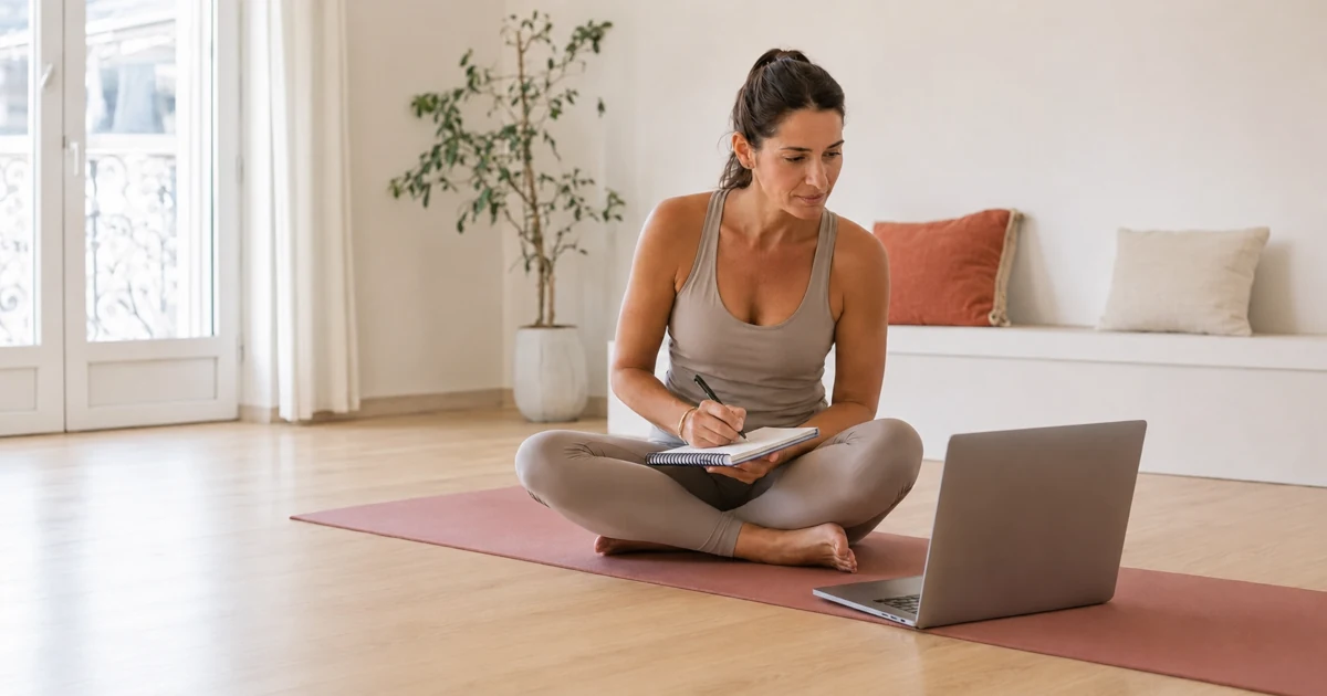Femme comparant des formations de yoga en ligne depuis chez elle