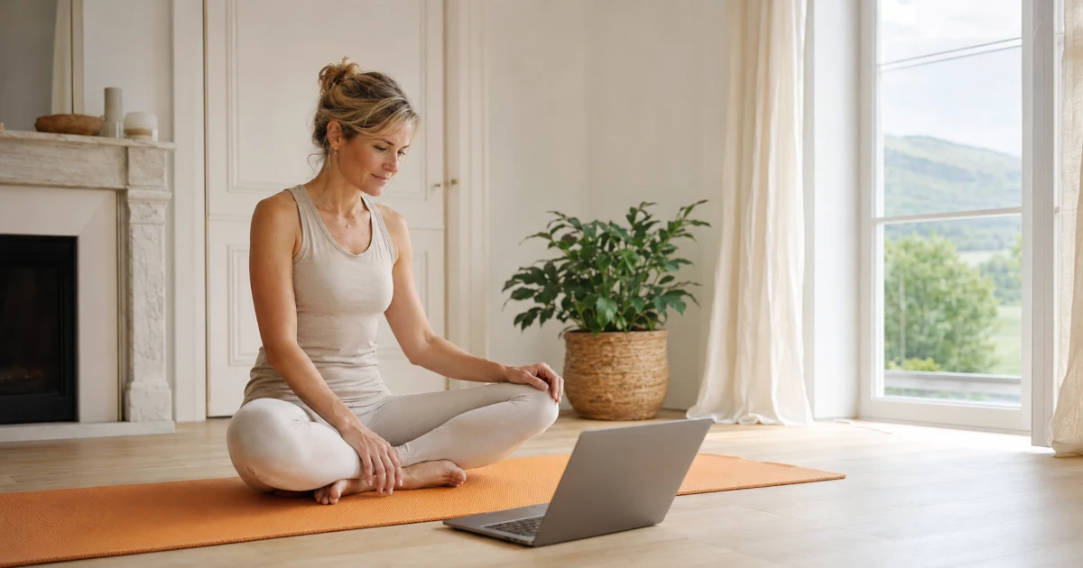 Femme consultant une formation de professeur de yoga en ligne depuis son espace de pratique à domicile.