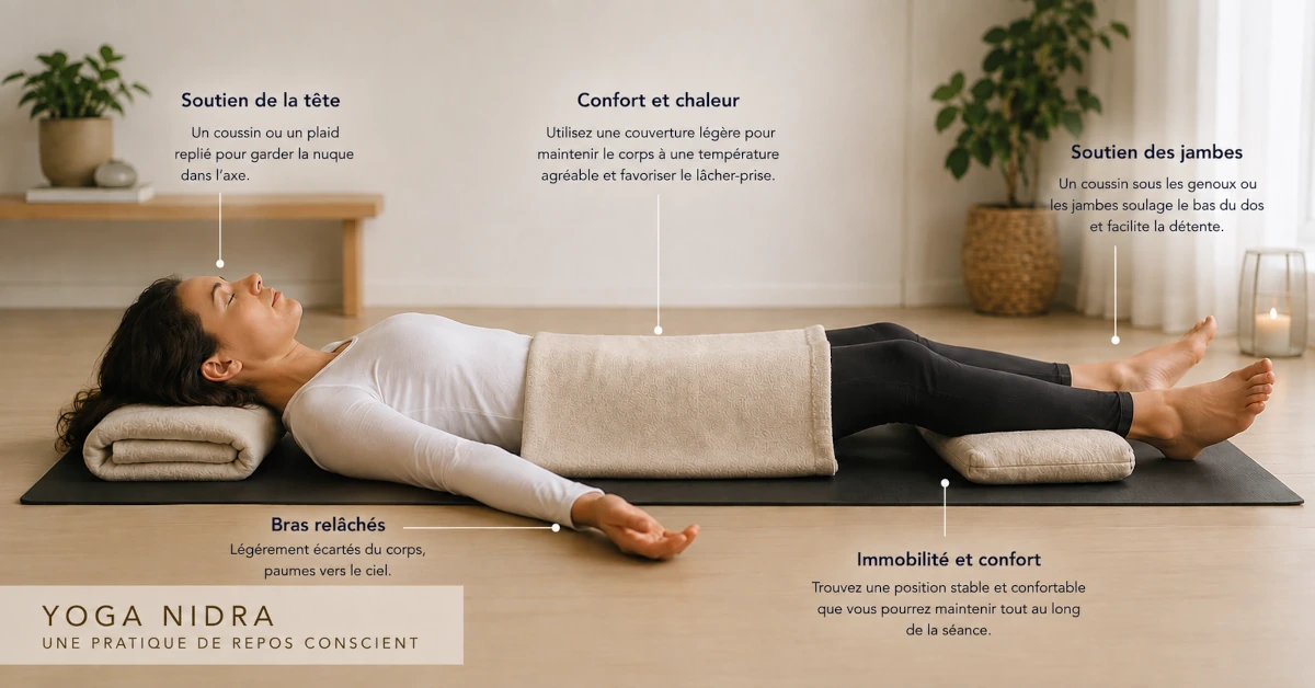 Installation pour une séance de Yoga Nidra avec coussins, couverture et soutien des jambes