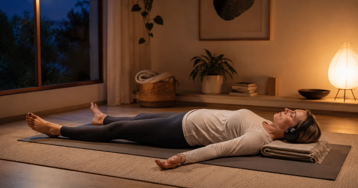 Pratiquante en Yoga Nidra allongée en Savasana pendant une séance guidée