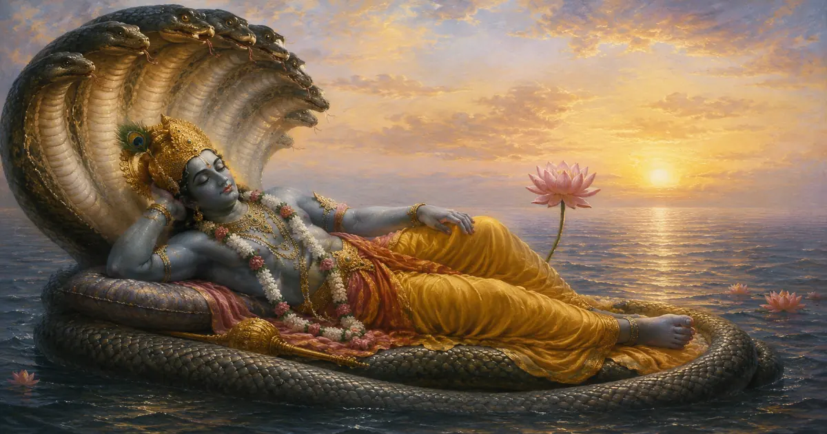 Vishnu reposant sur le serpent Ananta Shesha dans le sommeil cosmique de la tradition hindoue.